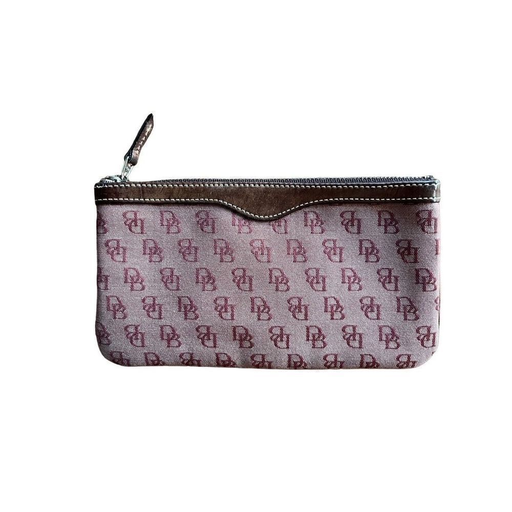 Dooney & Bourke Zip Top Pouch/Wristlet/Wallet Burgundy Signature Leather Trim